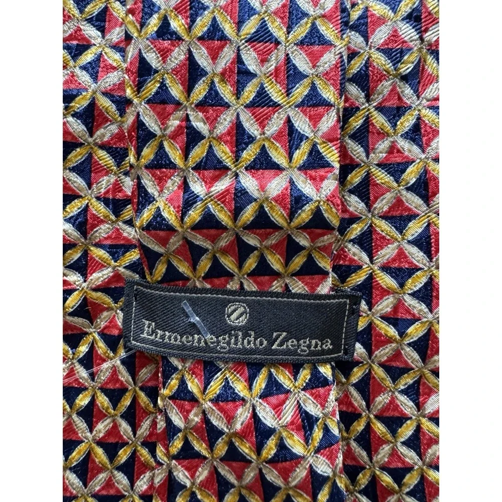 Ermenegildo‎ Zegna Red/Blue/Gold Geometric Silk Tie Italian Luxury Fashion